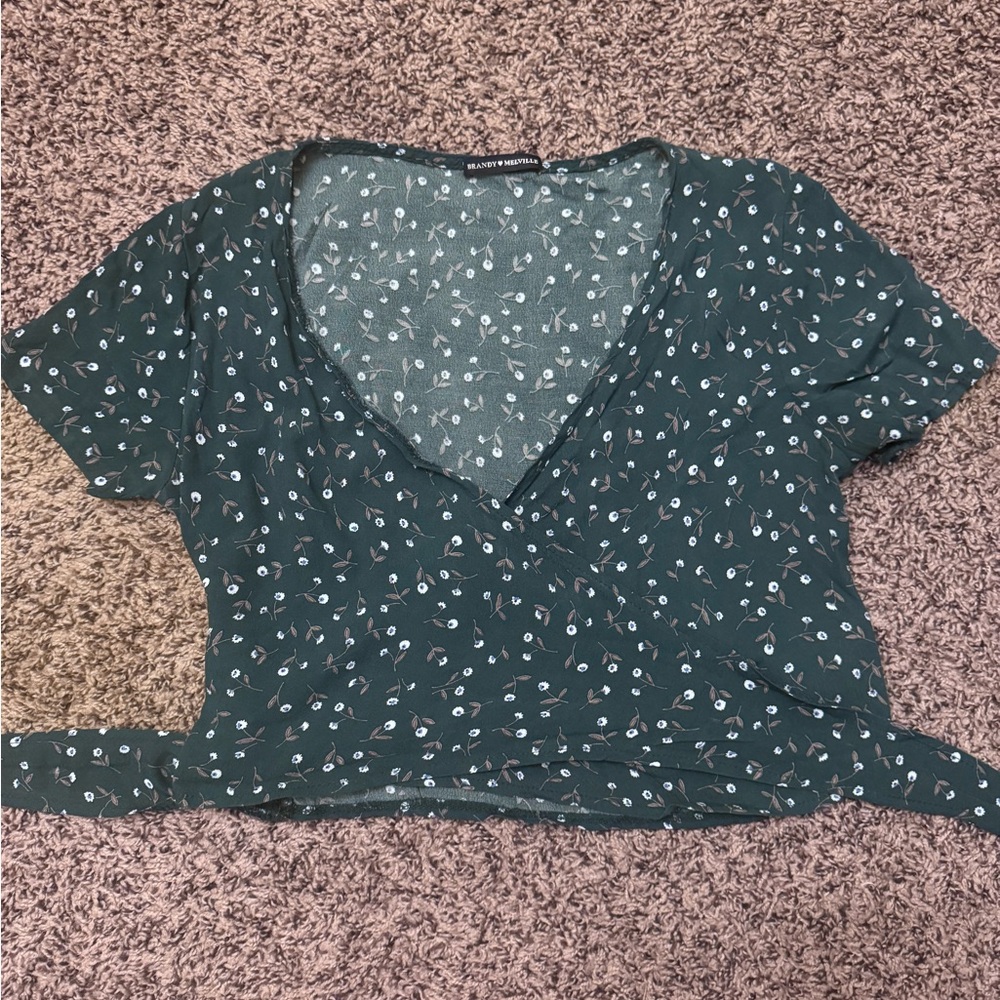 Brandy Melville Green Floral Wrap Around Top